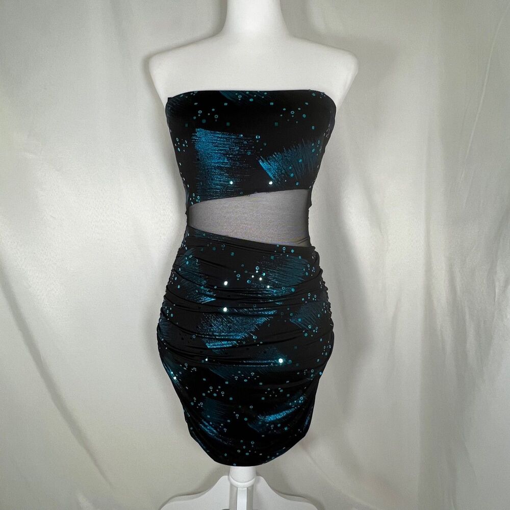 VTG Taboo Y2K Strapless Bodycon Dress Size S Teal Sequin Mesh Cutout Ruched